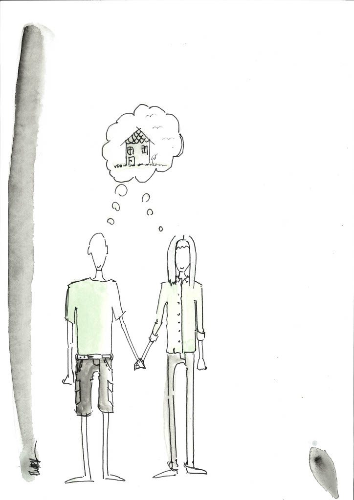 Skizze: Paar Hand in Hand, in der Gedankenblase ein kleines Haus